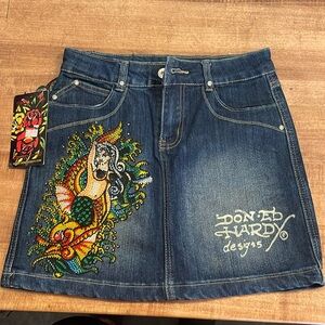 Brand new with rage Ed hardy blue jean mini skirt, mermaid front crystals